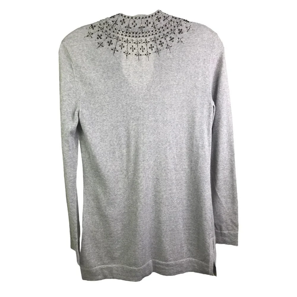 Tory Burch Sweater Womens XS Grey Embellished Split Neck Tunic Crystal Stud Knit